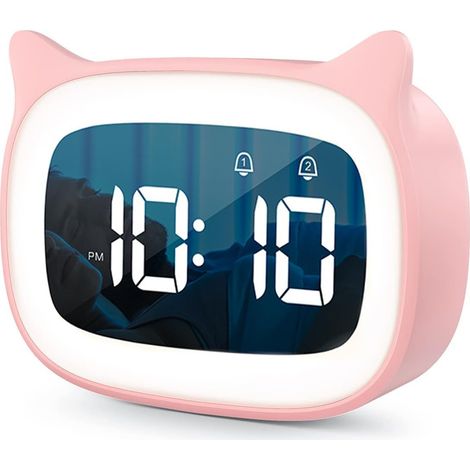 Réveil Enfant Educatif, Radio reveil Enfant avec Veilleus Jour/Nuit Deux Alarmes 18 Types de Musique LED Numerique Lumineux avec Snooze Rechargeable reveil educatif pour Garçons Filles, Rosa
