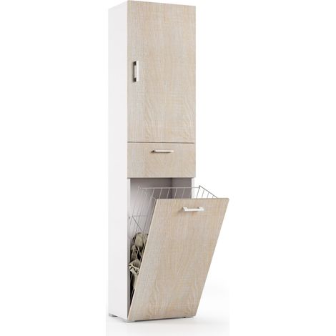 Mueble para lavandería 45x32x195 cm blanco y roble claro con puerta, cajón y cesto para la ropa - Acero