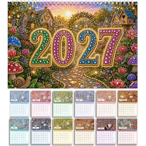Diamonds Painting Kalender 2027 Wandkalender, 12 Monate Kalender 30 x 24 cm,1 Monat pro Seite, Wichtel Wandkalender 2027 Familienplaner Monatskalender für Zuhause Büro (1/5)