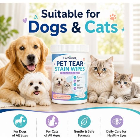 KineShineX Pet Tear Stain Wipes, Augenreinigungstücher für Katzen und Hunde, entfernen sanft Tränenflecken, Augenausfluss und Schmutz. (1/5)