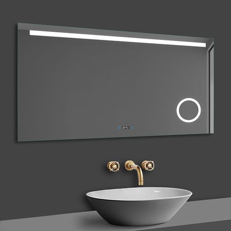 Acezanble Horloge numérique, miroir 14080cm miroir salle de bain avec éclairag + LED miroir mural cosmétique lumineux + anti-buée + Miroir grossissant