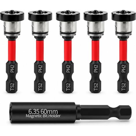 6 Pieces PH2 Magnetic Bits 1/4 Inch for Placo, Screwdriver Bit for Placo, with 1/4 Inch Magnetic Bit Holder and Adjustable Depth Stopper, S2 High Strength Steel for Drill and Screwdriver (1/5)