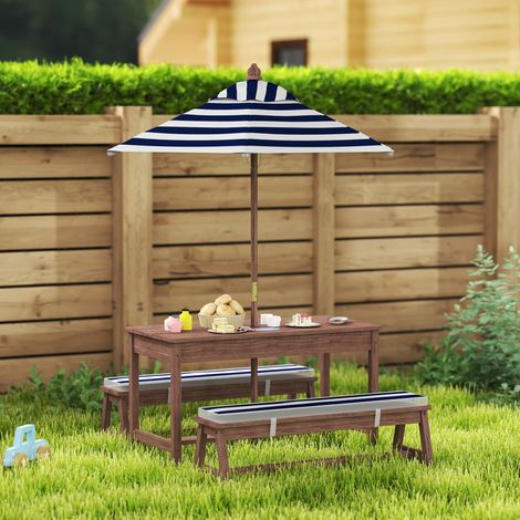 Ensemble salon jardin extérieur enfant coussins parasol amovible rayé, bleu marine blanc (1/4)