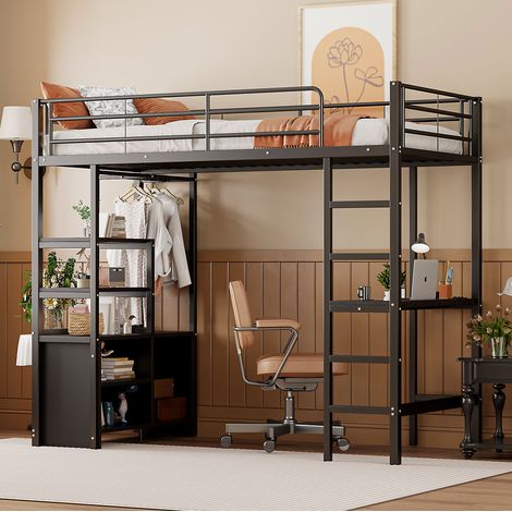 MEUBLIV Cama alta 90x200 cm negra – con escritorio, almacenaje, USB, sin colchón (1/5)