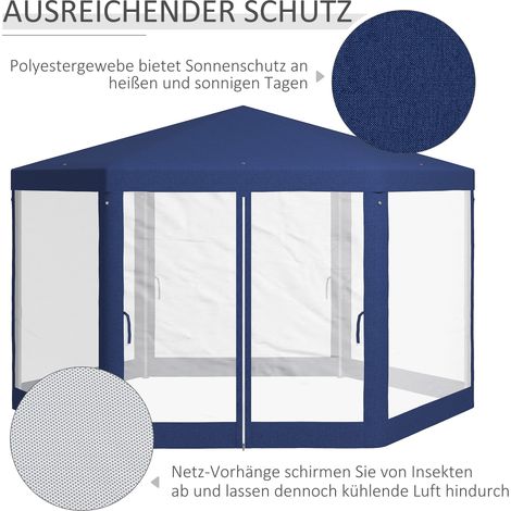 Pavillon de jardin hexagonal bleu, voilage inclus, armature en acier, 3,94 x 3,412 x 2,5 m (1/4)
