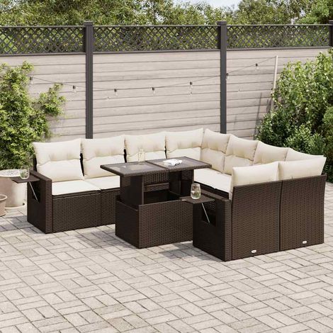 Ensemble de salon de jardin 9 pièces en résine tressée marron avec table réglable, coffres de rangement et coussins lavables (4 sièges, 2 coins, 2 canapés, 1 table) (1/5)