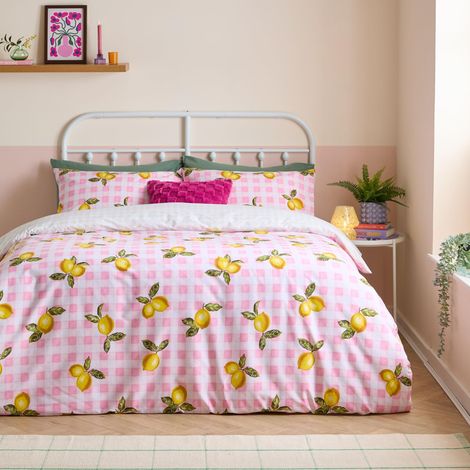Jeu De Housse De Couette Réversible Doux Durable Polycoton Literie Fruits Rose 230x220cm (1/3)