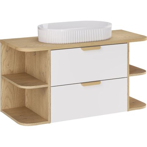 Ensemble meuble et vasque Beyond 100 cm ASTER blanc avec deux extensions d’angle ouvertes et plan en chêne (1/5)