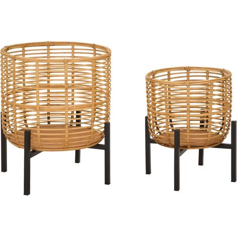 Set de 2 portamacetas redondos de ratán con soporte de metal negro Zeyok (1/5)