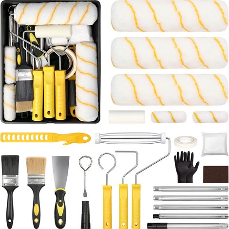 17 Pièces Rouleau Kit - 3 x 23 cm et 2 x 10 cm Mini Rouleaux avec Manche - 2 x Pinceau de peintre - Bac et Ruban de Masquage Scotch Bâche de Protection Spatule Peinture
