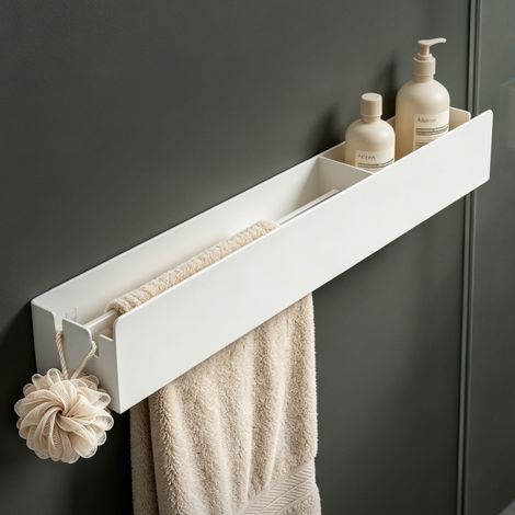 Mai & Mai Étagère Murale de Rangement en Acier Carbone Porte-Serviettes au Mur Support Rangement à Poser à Susprendre avec Crochets pour Salle de Bain Cuisine Blanc 600×100×90 MM Reglo-18 (1/5)