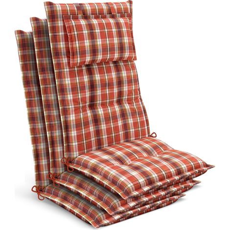 3x Gartenstuhlauflage Hochlehner 120x50x7cm, Orange-Rot-Grün-Kariert