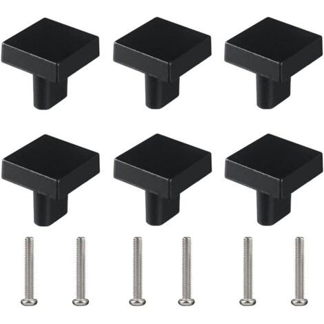 Lot de 6 boutons de tiroir carrés pour meubles - Trou unique - Petite poignée moderne - Noir - Avec vis assorties