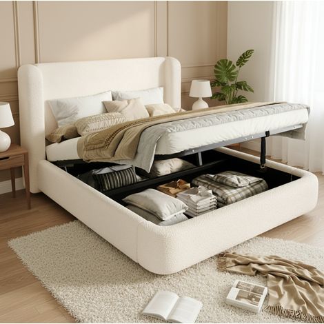 Lit coffre double hydraulique 160 x 200, tête de lit capitonnée, bouclé beige, REDOM (1/5)