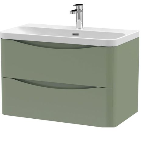 Balterley Dunwood Modern Bathroom Wall Hung 2 Drawer Vanity Unit & Ceramic Basin, Satin Green, 800mm (1/4)