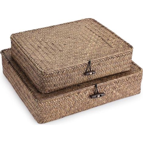 Boîte de rangement en rotin tressé plat en 2 pièces avec couvercle, panier en algues naturelles, boîte multifonctionnelle pour le rangement sur étagère (café) (1/5)