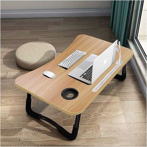 Table de lit pliable pour ordinateur portable 60x40cm – 4 ports USB – Tiroir et fente pour tasse – Capacité 40 kg – Matériau MDF et aluminium (1/5)