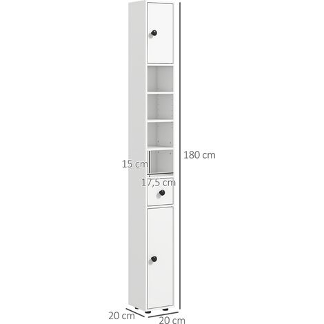 Meuble de bain étroit, colonne de rangement avec tiroir et 4 niches ouvertes, armoire haute pour WC et petits espaces, idéal salle d'eau, salon, dimensions 20x20x180 cm, finition blanche (1/5)