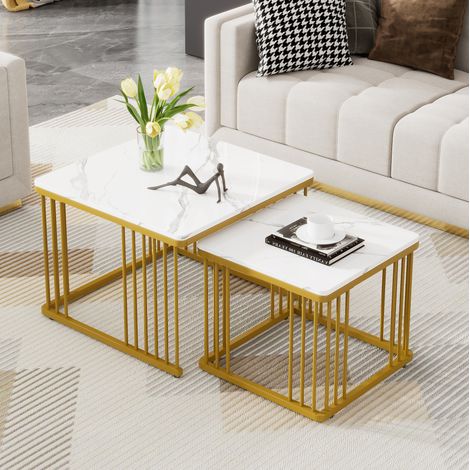 Table basse lot de 2 MDF blanc effet marbre brillant, carrée gigogne 60 cm (1/5)