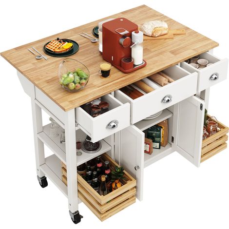 Îlot de cuisine moderne (120×45×90 cm) meuble de cuisine, buffet de salle à manger, chariot de salle à manger effet bois, meuble de salle à manger multifonction avec panier en pin, panier de rangement (1/5)
