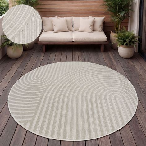 Paco Home Outdoor Teppich Wetterfest Balkon Wohnzimmer Skandinavisches Boho Einfarbig 160 cm Rund, Creme 6