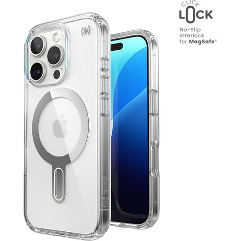 Speck Presidio Perfect-Clear ClickLock & MagSafe - Custodia per iPhone 16 Pro (Trasparente / Finitura cromata / Argento sereno) (1/5)