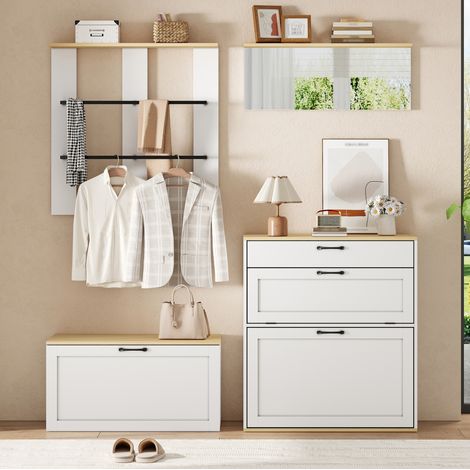 Modularer Schuhschrank mit Spiegel, 156 x 36 x 176 cm, Weiß und Holz, OKMYHOME (1/5)