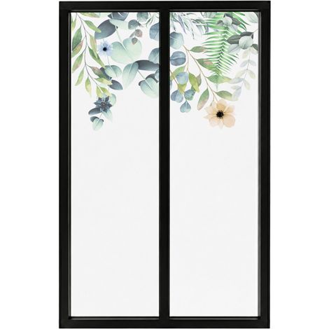 Verrière atelier intérieure aluminium noir 2 vitrages 69 x 117 cm - Décor végétal - Flowers in Rain - vert et transparent - Verre trempé (1/5)