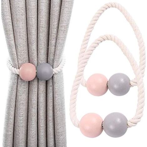 Embrasses de Rideaux Magnétiques 2Pcs Embrasses de Rideau Fenêtre Drapé Holdback Clips de Rideau en Bois pour La Maison, Dortoir, Bureau, Fenêtre Décorative, Rose+Gris (1/5)