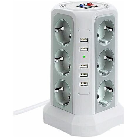 Multiprise tour parafoudre 12 prises CA et 5 ports USB – Protection 1500 J – 2 m câble – 3 interrupteurs indépendants – Blanc et gris argenté