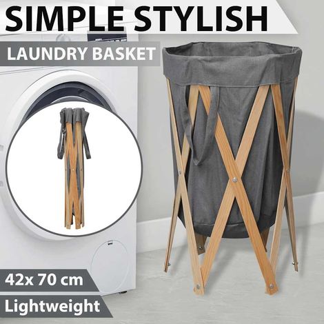 284228 vidaXL Folding Laundry Basket Grey Wood and Fabric (1/5)