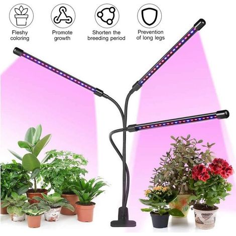 Lampe de croissance à 3 têtes avec bras réglable, 60 ampoules LED, allumage/extinction automatique, minuterie intelligente 3/9/12 h, 9 niveaux de luminosité pour plantes d'intérieur (1/5)