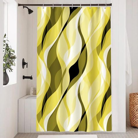 Rideau Douche - 120x180cm - Polyester Imperméable - Motif Rayures Abstraites - Avec 8 Crochets - Jaune Et Vert (1/5)