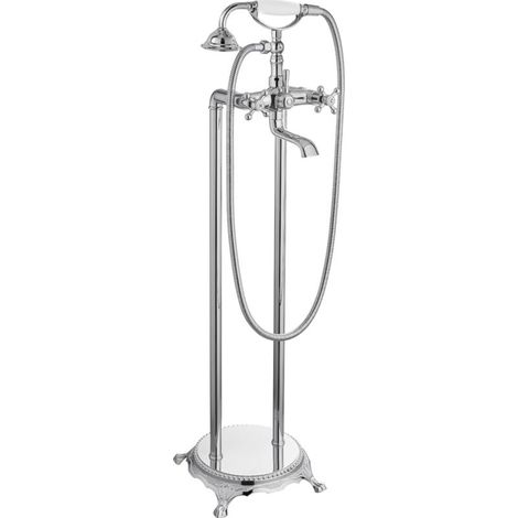 Freistehende Badewannenarmatur aus Chrom mit zwei Querstrahldüsen, knopfförmigem Design und hochwertiger Badarmatur