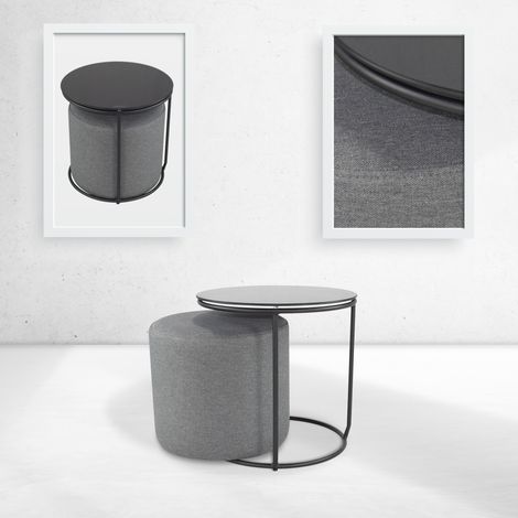 MOG CASA Banco moderno Jasper (gris) con mesa lateral (vidrio negro y marco negro)