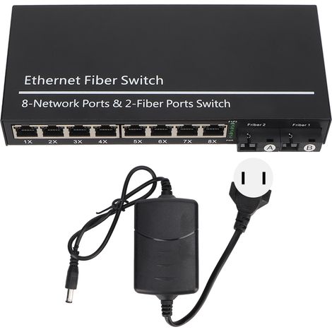 Commutateur fibre Ethernet Tx1310nm RX1550nm, 2 ports optiques SFP + 8 ports RJ45, transceiver monomode jusqu'à 20 km, 100‑240V avec prise US. (1/5)