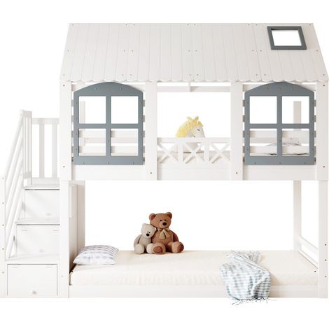 Lit superposé enfant 90x200 avec toit, fenêtres, escalier-rangement 3 portes, barrière de sécurité, bois et MDF blanc gris, style cabane - CHICFURN (1/5)