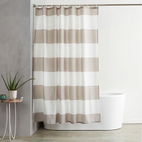 Rideau de Douche en Tissu résistant à l'eau et à la moisissure avec œillets et Crochets,Rideau de Douche en Tissu imprimé Hydrofuge, Lavable en Machine, 180 x 180 cm, Rayures Beiges (1/5)