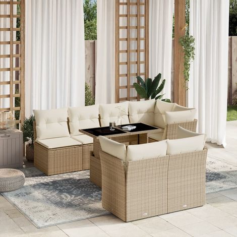 Ensemble Salon Jardin 8 Places Résine Tressée Beige avec Coussins - Table Réglable Hauteur, Modulaire, Housses Lavables (1/5)