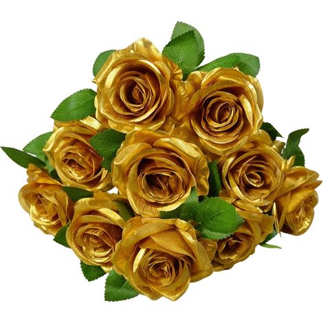 Roses Artificielles - Bouquet De 10 Roses Dorées Sur Tige Souple - Décoration De Table Mariage Fête Noël - 1 Pièce (1/5)
