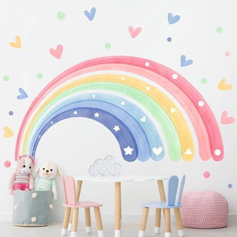 2 adesivi murali a forma di cuori arcobaleno ad acquerello,per la cameretta delle bambine,grandi decorazioni murali arcobaleno (1/5)