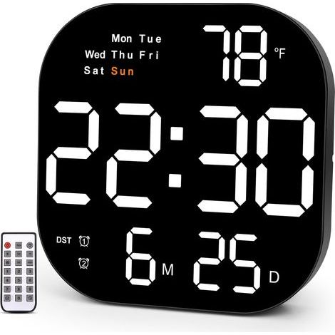 Reloj de pared grande, digital de 10,55 pulgadas con pantalla LED, día de la semana, fecha, horario de verano, temporizador, temperatura, formato de 12/24 horas, ideal para sala de estar u oficina en (1/5)