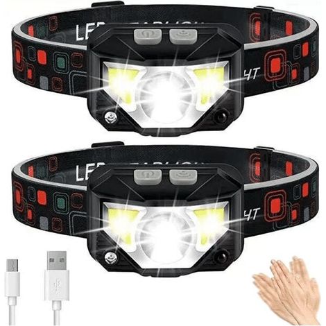 lampes frontales rechargeables ultra puissantes lampe frontale LED USB capteur de mouvement 2000 lumens 9 modes Lot de 2 (1/4)
