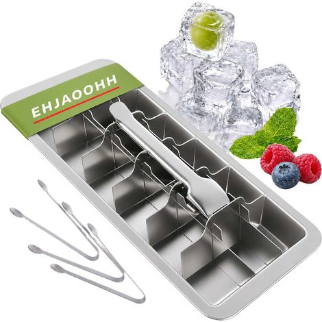 Bac à glaçons en acier inoxydable - 18 compartiments à glace avec insert de levier - En métal - Avec 3 pinces à glaçons - Congélation rapide - Amovible - Pour boissons froides, café, cola (1/5)