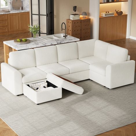 Modernes Sofa im modernen Stil, CORDUROY L-förmiges Ecksofa mit Armlehnen, 1 beweglicher multifunktionaler Hocker, einfache Montage, hochdichter Schaumstoff, beige (B282 × H85 × T153 cm).