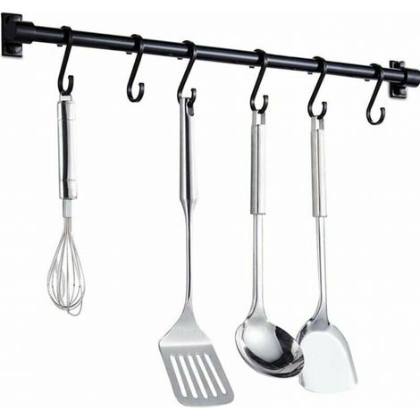 40CM Barre Murale Cuisine Ustensiles - Barre Étagère de Cuisine avec 6 Crochets Amovibles - Rack Porte Étagère à Fixation Murale pour Ustensiles de Cuisine (Noir) (1/5)