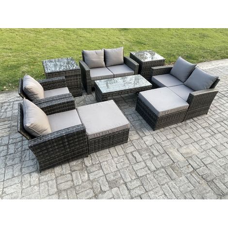 Fimous 8 Seater Outdoor Rattan Patio Furniture Set Garden Lounge Sofa Set with Armchairs 2 Side Tables 2 Big Footstool Coffee Table Dark Grey Mixed (1/5)