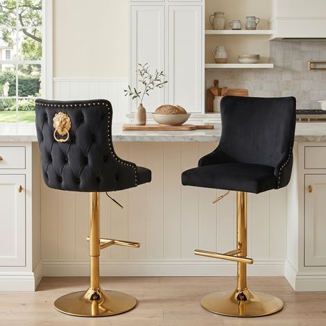 Wahson Barhocker 2er Set Samt höhenverstellbar, modernes Design Löwenring-Zuggriff Gepolsterte Sitzhöhe einstellbar 60-82cm für Küche & Bar, Gold