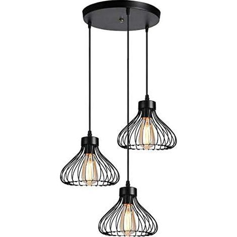 3 Lampes Lustre Suspension Luminaire Industrielle Plafonnier Abat-jour en Métal en Forme de Cage Vintage Lampe de Plafon pour Cuisine Salle à Manger Salon Chambre Couloir Restaurant - 23cm, Noir avec (1/5)