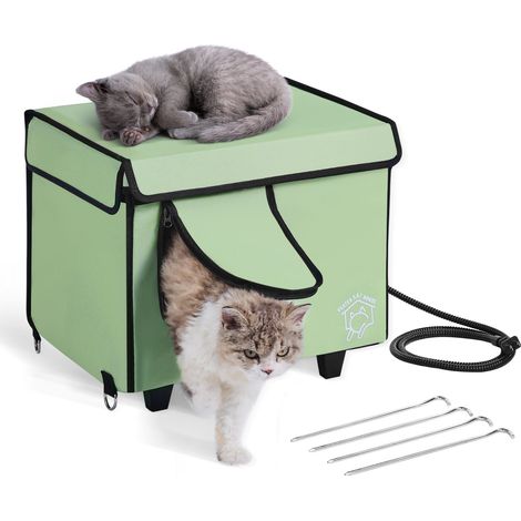 Maison Chat Surélevée Chauffante, Niche Chat Extérieur avec Coussin Chauffant, Température Réglable, Minuterie, Abri d'Hiver pour Chats Pliable en Tissu Oxford 900D pour Rester au Chaud, Vert, S (1/5)